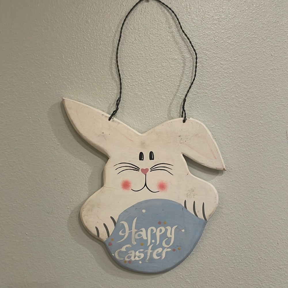 Vintage Happy Easter wooden hanging sign Bunny Rabbit egg door wall decor white
